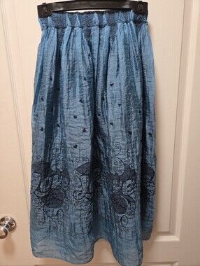 Blue Embroidered Midi Skirt - Women's Smocked Waist